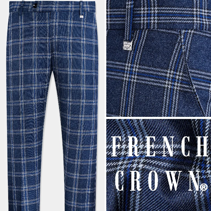 Cloud Blue and White Plaid Tweed Stretchable Waistband Pant