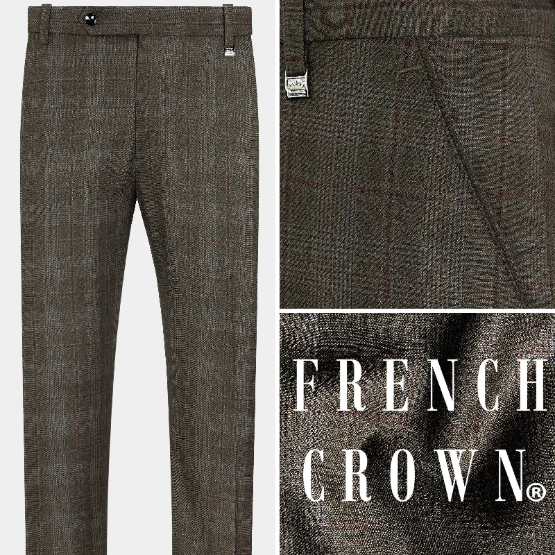 Fuscous Green and Bistre Brown Plaid Wool Rich Stretchable Pant