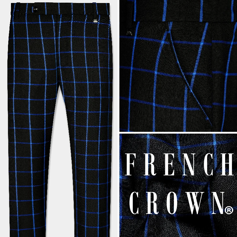 Jade Black with Cerulean Blue Windowpane Wool Rich Pant