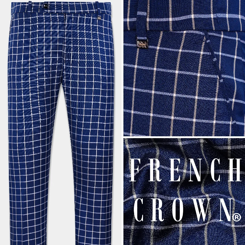 Marine Blue and White Windowpane Wool Rich Stretchable Waistband Pant