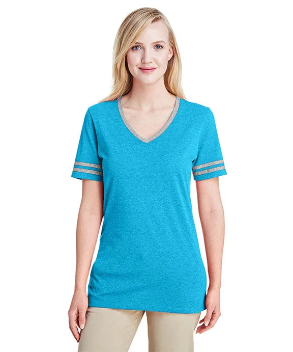 602WVR - Jerzees Ladies Tri-Blend Varsity V-Neck T-Shirt | Caribbean Blue Heather/Oxford