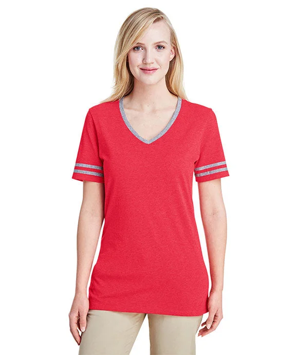 602WVR - Jerzees Ladies Tri-Blend Varsity V-Neck T-Shirt | Fiery Red Heather/Oxford