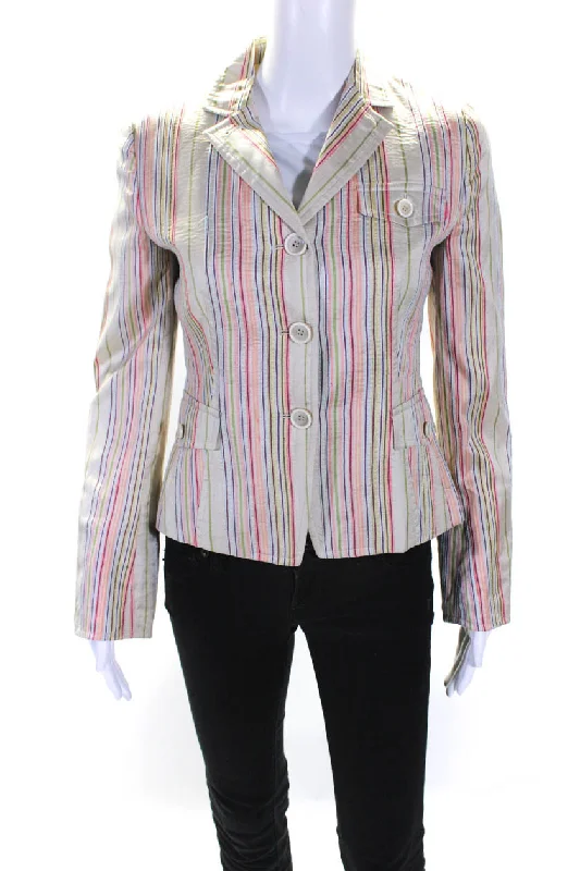 Akris Punto Womens Striped Satin Button Up Blazer Jacket Pink Green Silk