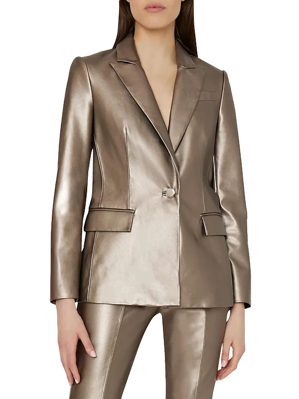 Alexa Womens Faux Leather Metallic One-Button Blazer