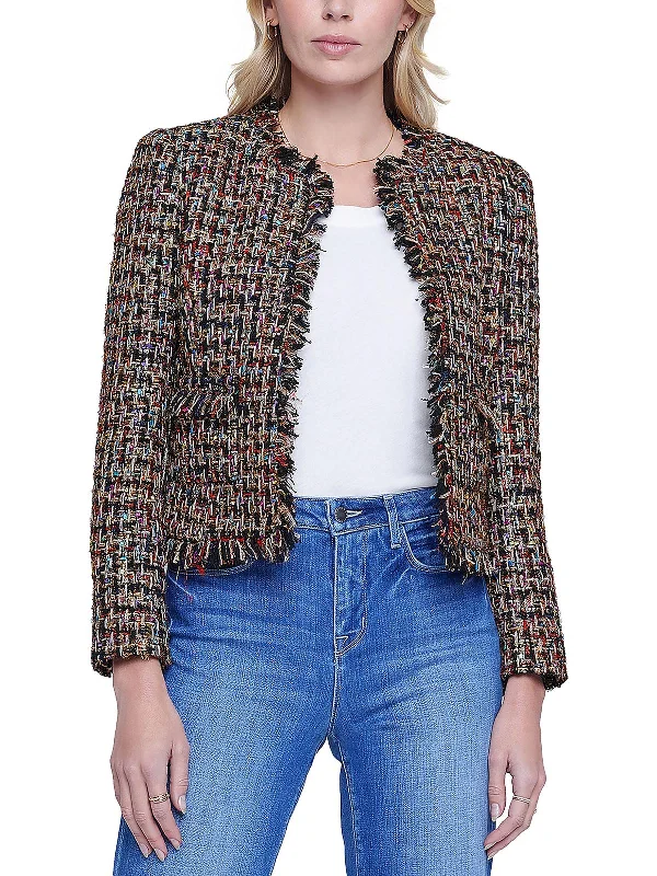 Angelina Womens Metallic Tweed Open-Front Blazer