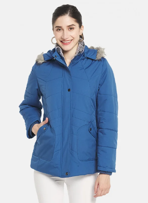 Women Blue Self Design Jacket