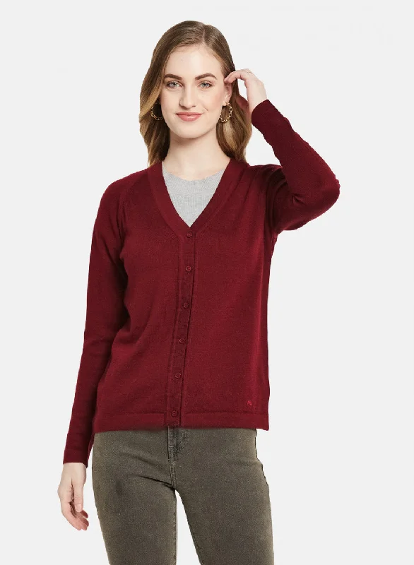 Women Dark Maroon Solid Cardigan