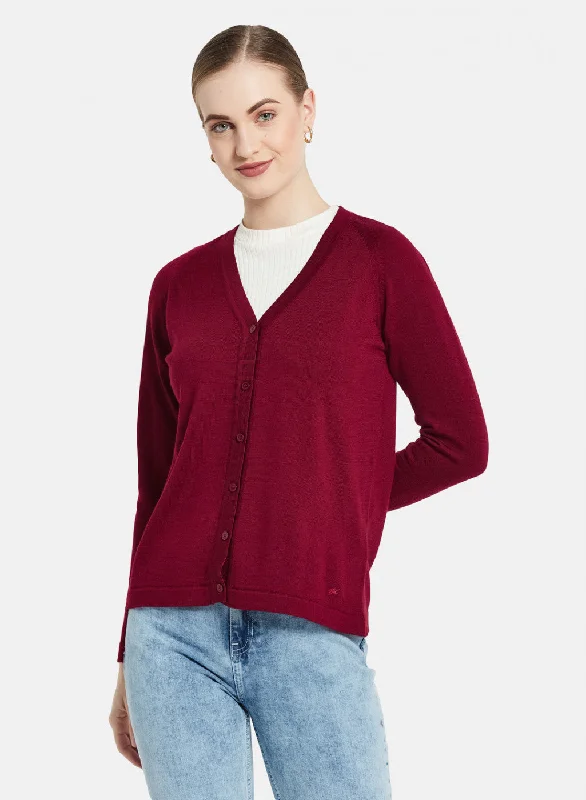 Women Maroon Solid Cardigan