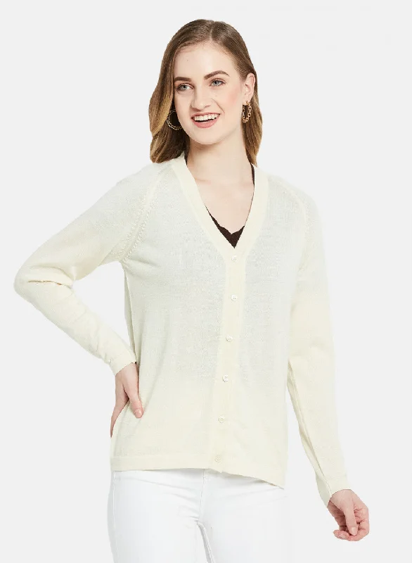 Women Off White Solid Cardigan