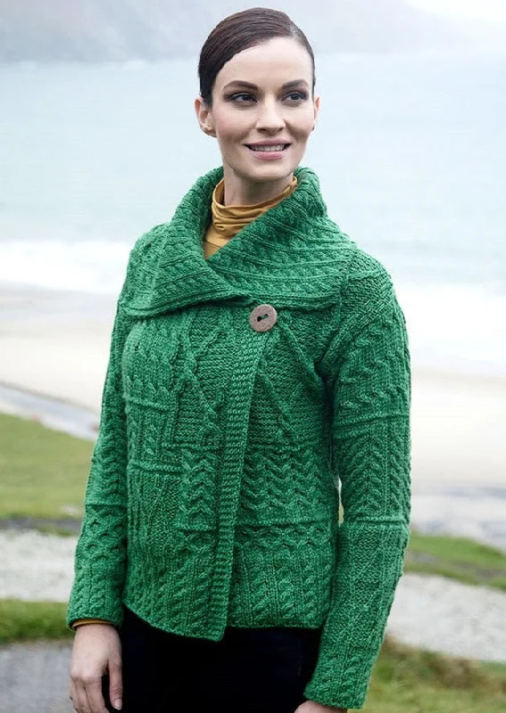 Patchwork Ladies Aran Cardigan | Green