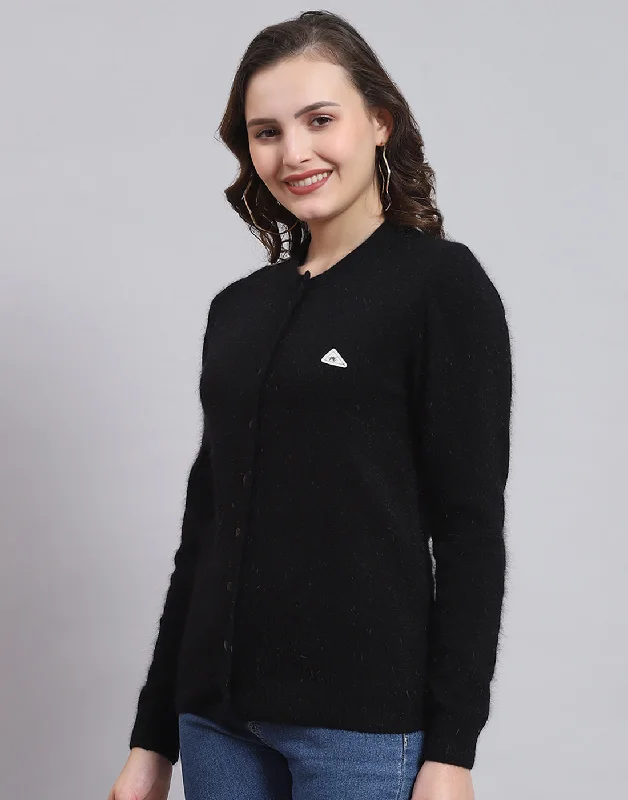 Women Black Solid Round Neck Full Sleeve Cardigan