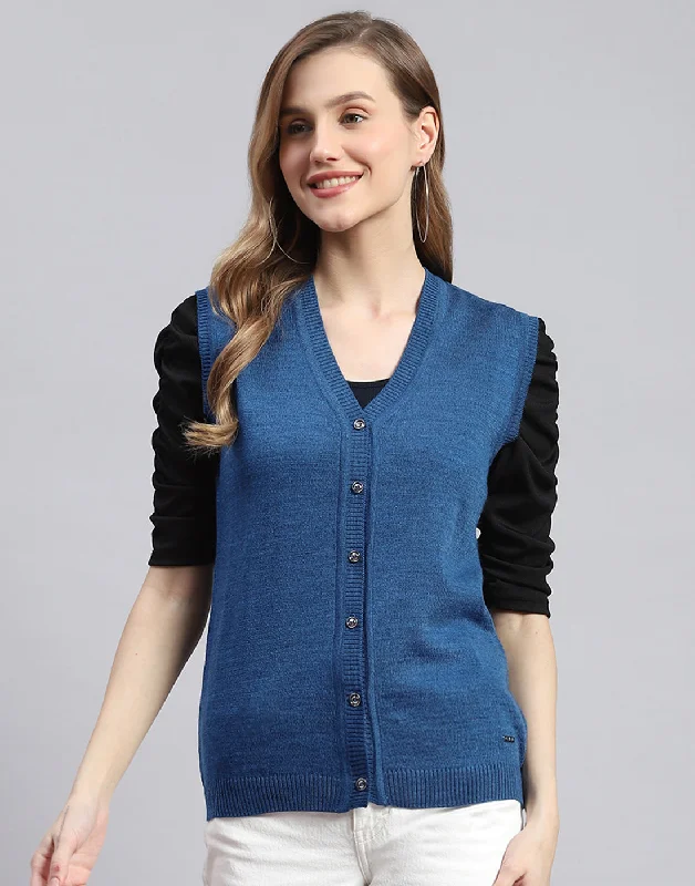 Women Blue Solid V Neck Sleeveless Cardigans