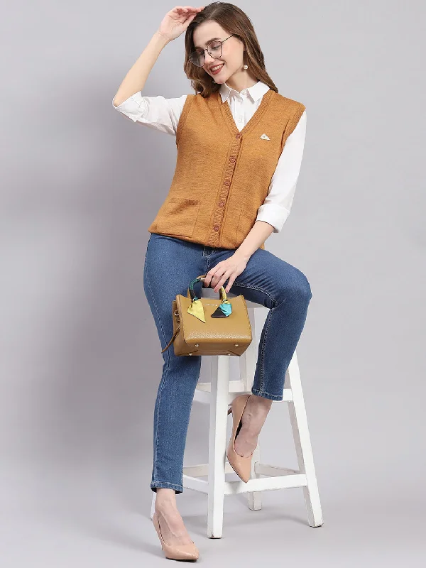 Women Brown Solid V Neck Sleeveless Cardigans