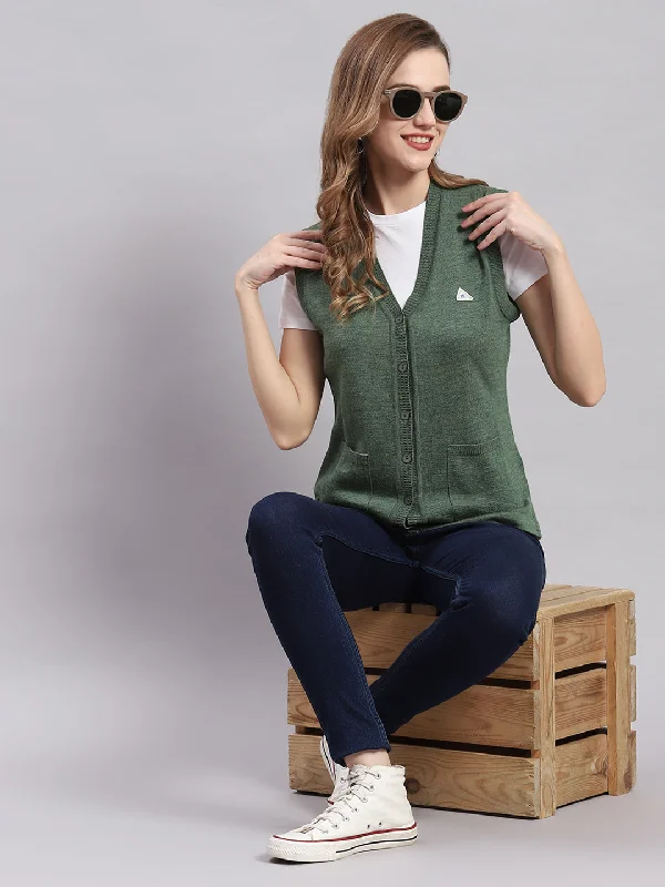 Women Green Solid V Neck Sleeveless Cardigans