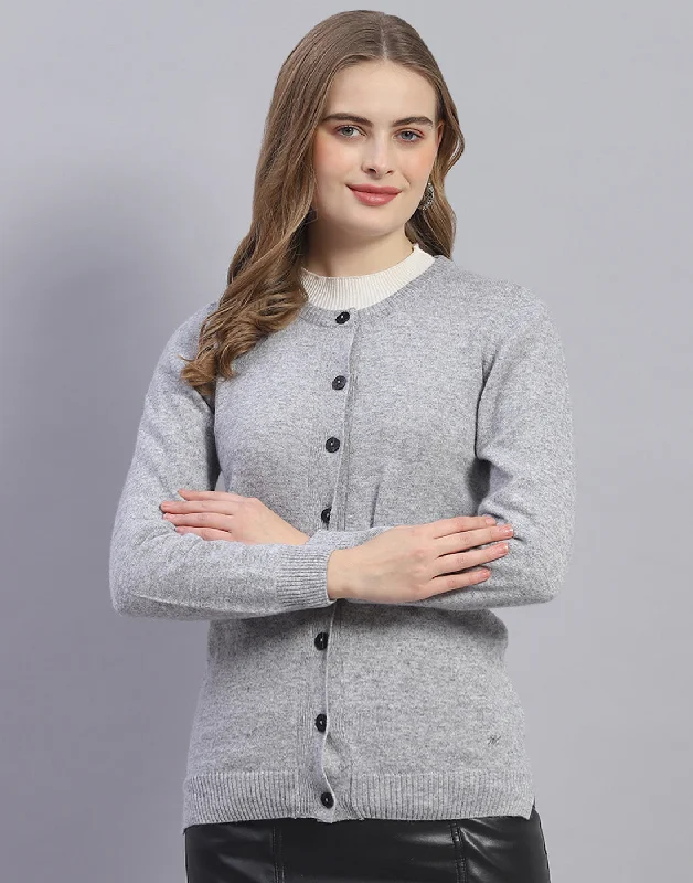 Women Grey Solid Round Neck Full Sleeve Cardigan