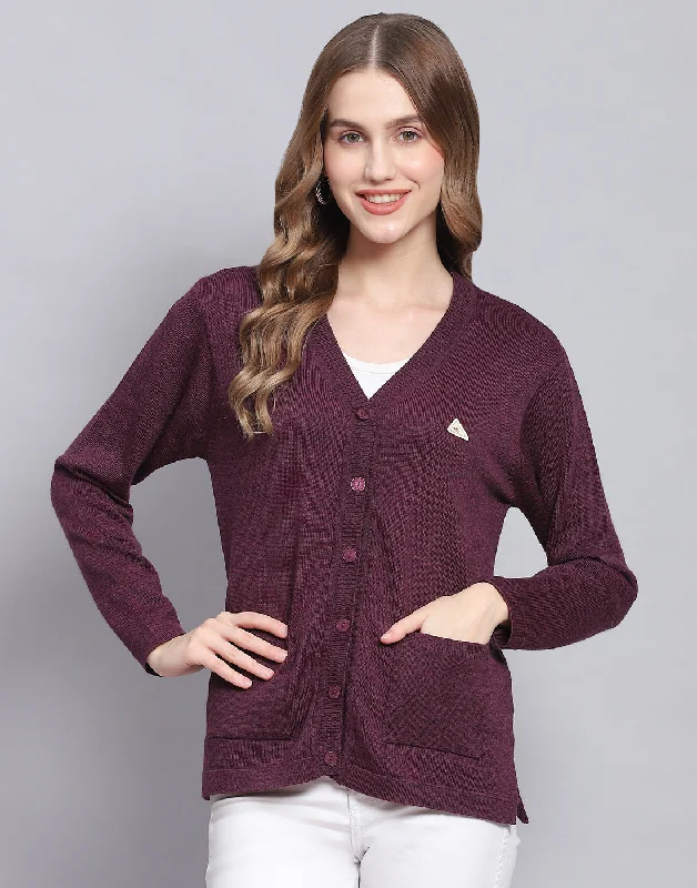 Women Maroon Solid V Neck Full Sleeve Cardigan