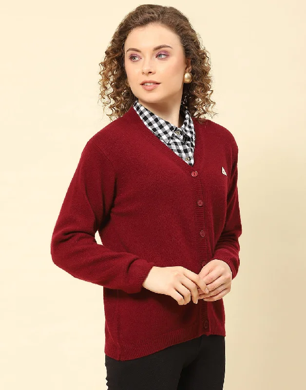 Women Maroon Solid V Neck Full Sleeve Cardigan