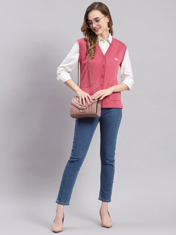 Women Pink Solid V Neck Sleeveless Cardigans