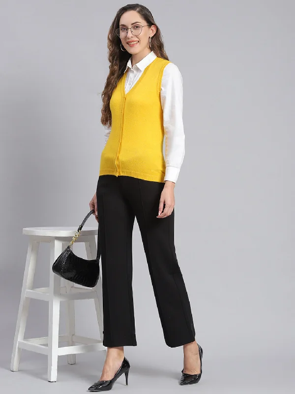 Women Yellow Solid V Neck Sleeveless Cardigans