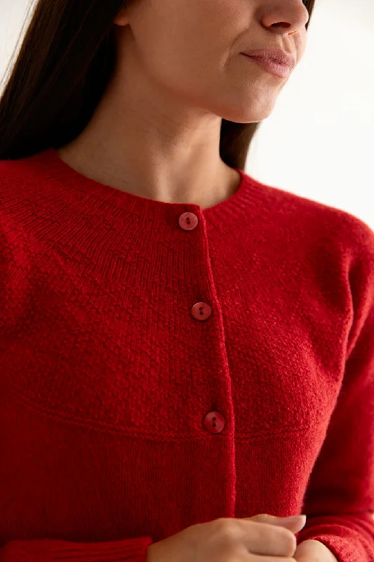 Womens Geelong Superfine Lambswool Gansey Cardigan - Red