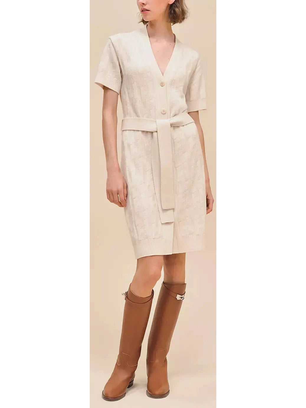 Belted Embossed Short-Sleeve Knit Dress