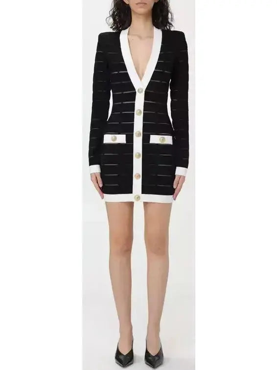 Black and White Button-Front Short Knit Cardigan Dress