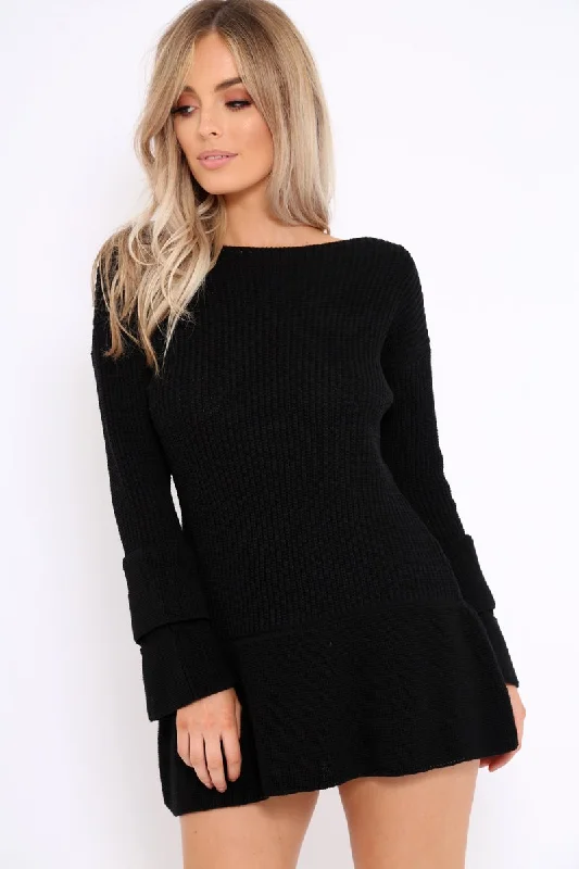 Black Bell Sleeve Extreme Hem Chunky Knit Jumper Dress - Paige