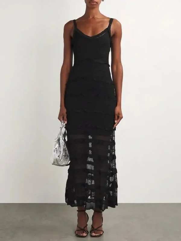 Black Crochet Long Knit Tiered Sleeveless Dress