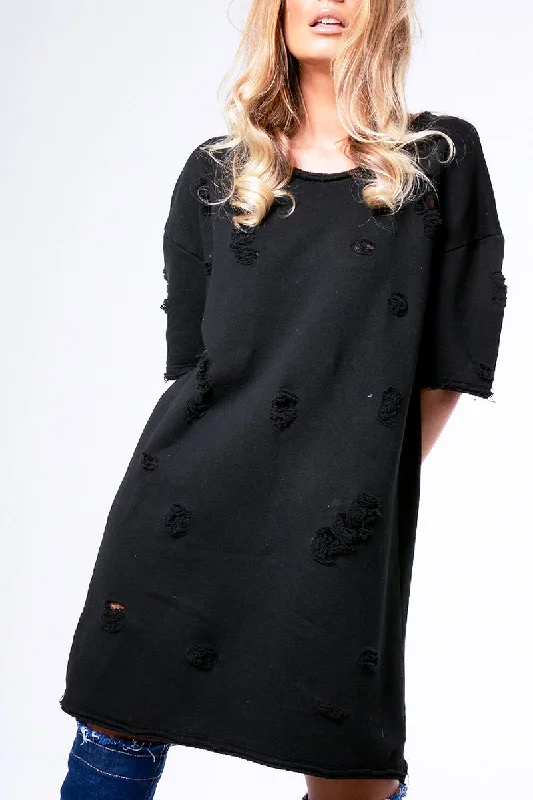 Black Distressed Detail Short Sleeved Jumper Dress - Cammie