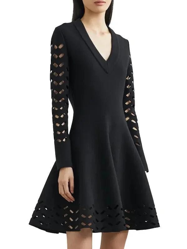 Black Long-Sleeve Open-Work Knit Dress