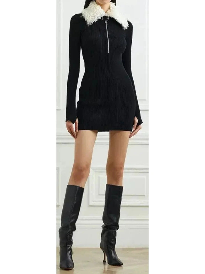 Black Ribbed Knit Dress with Faux-Fur Collar