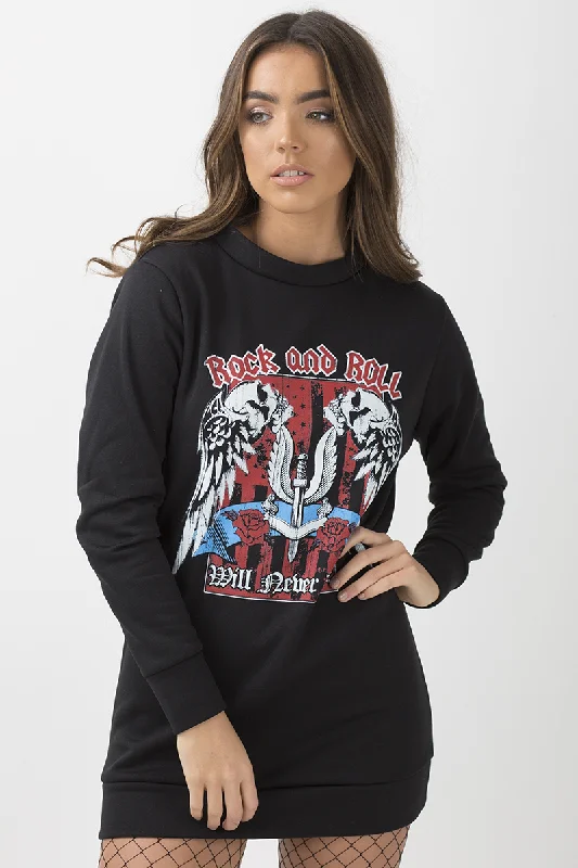 Black 'Rock And Roll' Graphic Print Jumper Dress - Lottie