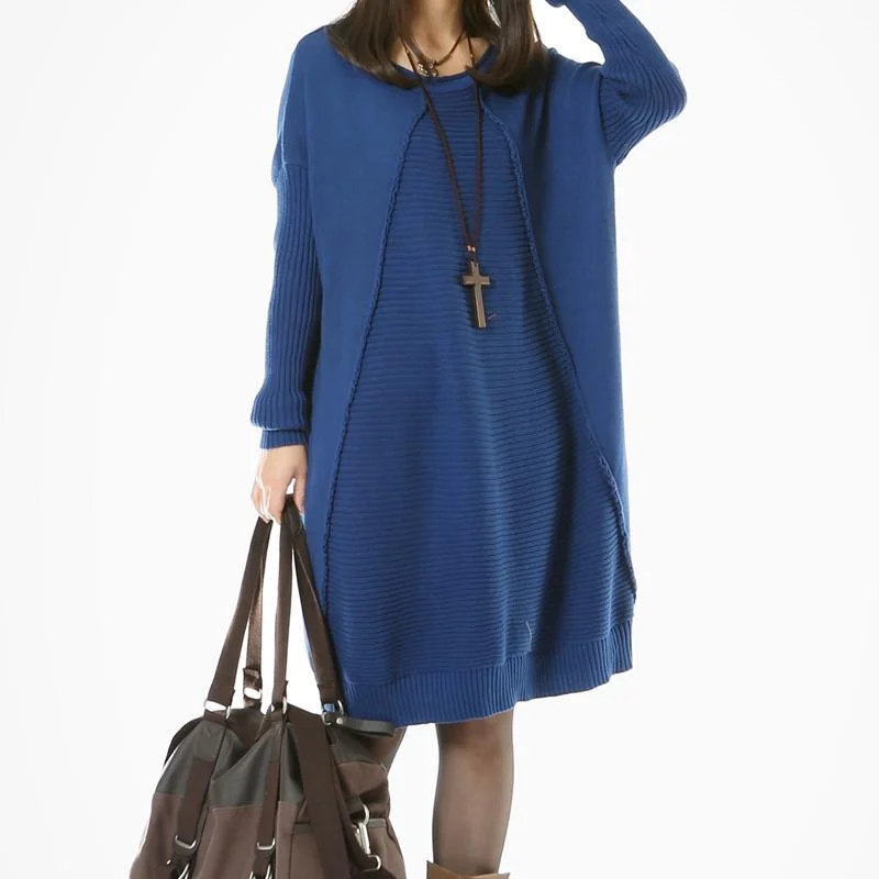 Blue long women sweaters causal pullover knit dresses