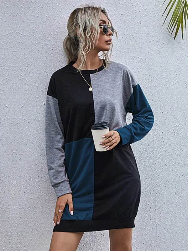 Blue Zone Planet |  Long-sleeved color block round neck sweater dress