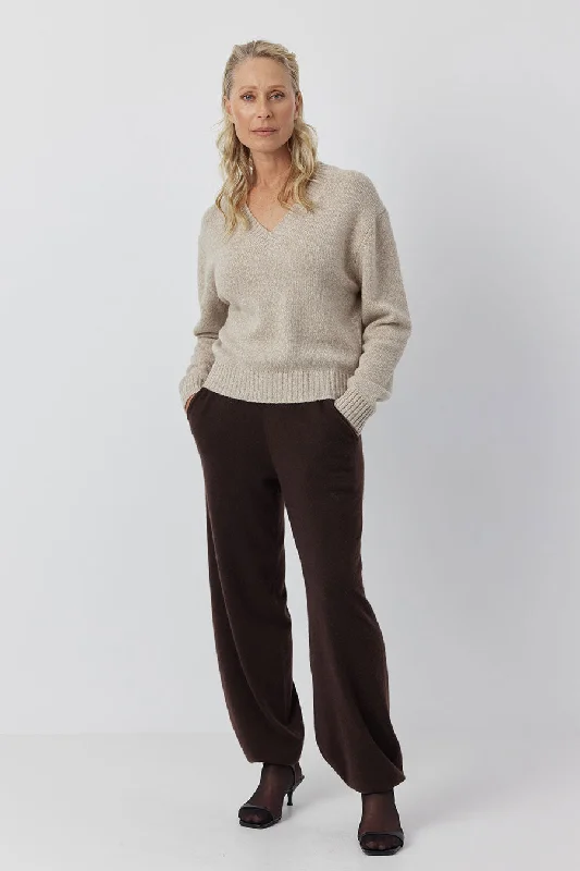 Luxe  Cashmere V Neck Sweater - Beige Melange