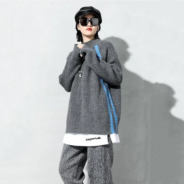 New Knitting Sweater Fashion Irregular Contrast Color Turtleneck Collar Loose Pullover Women Casual Sweater