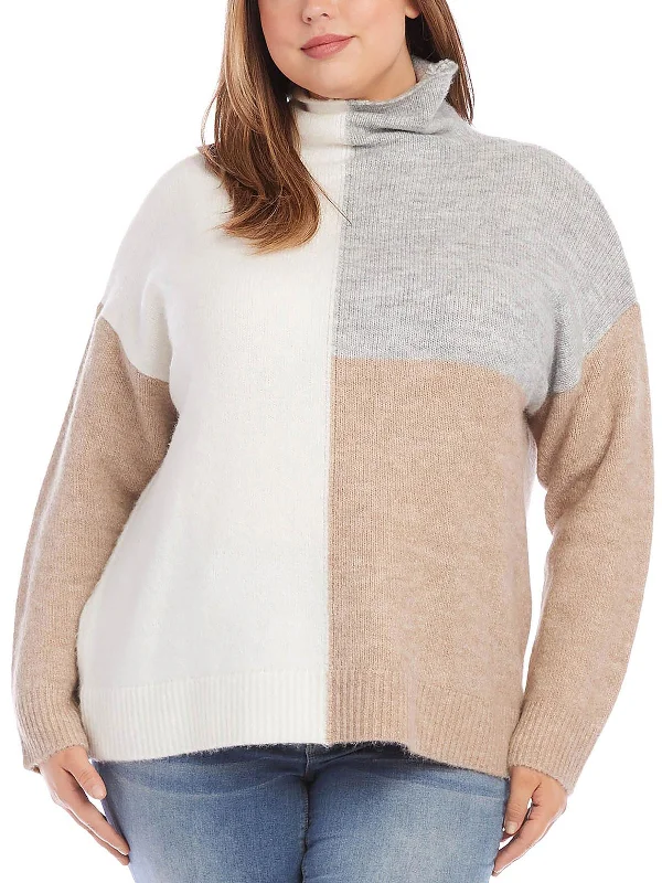 Plus Womens Colorblock Pullover Mock Turtleneck Sweater