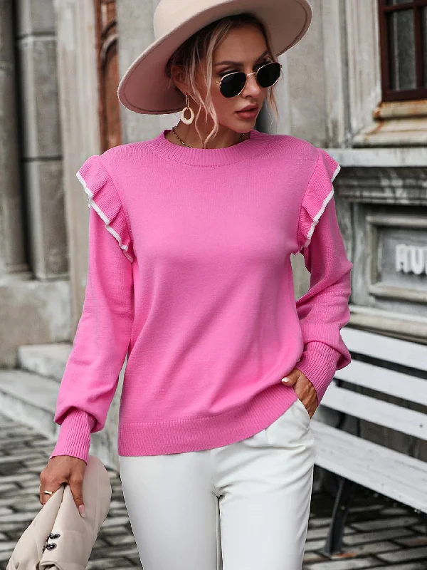 Round Neck Ruffle Trim Long Sleeve Pullover Sweater