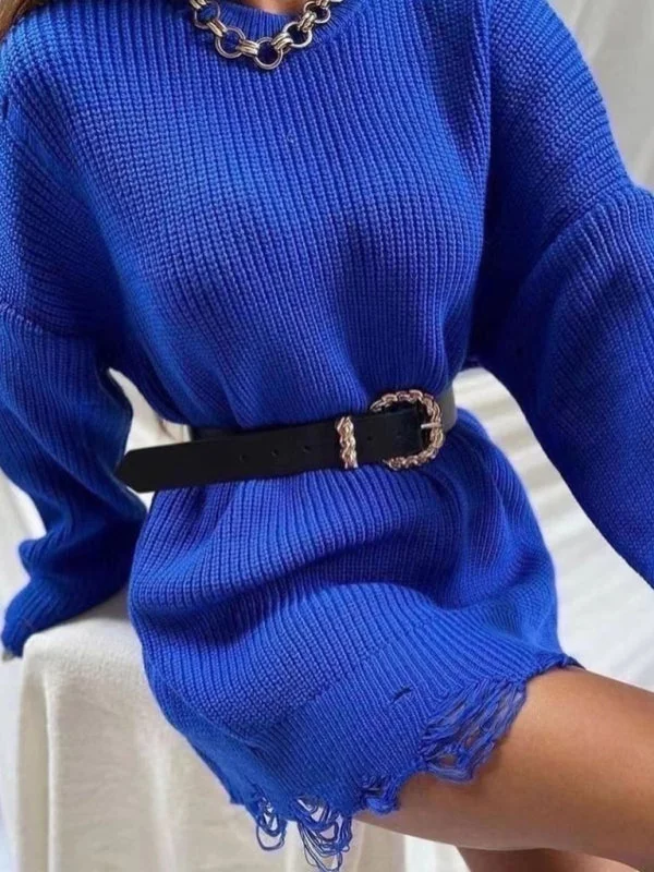 Blue Zone Planet |  solid color crew neck ripped sweater dress