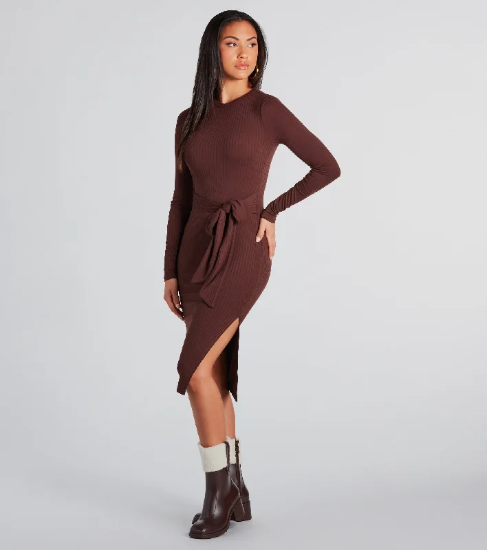 Stylish Staple Tie-Front Ribbed Knit Midi Dress