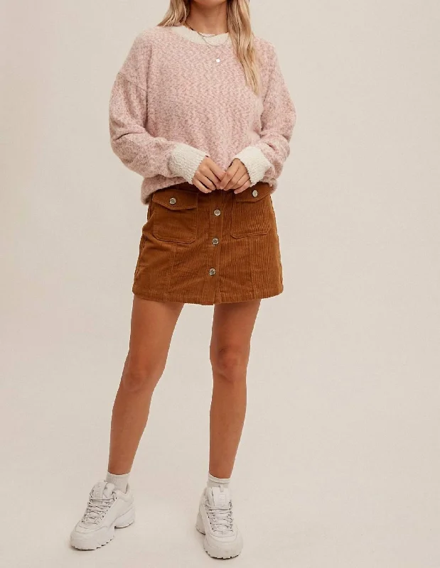 Two Tone Fuzzy Pullover Sweater In Mauve Pink