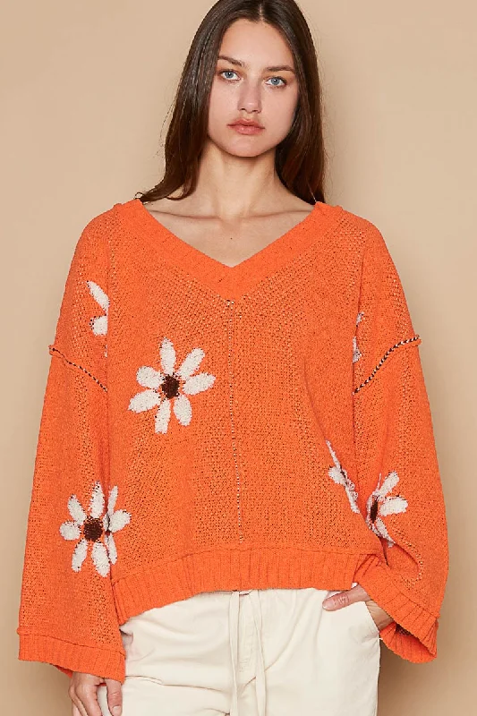 V-neck floral pattern chenille pullover sweater